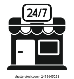 Simple icon of a shop with awning and open sign, communicating 247 availability