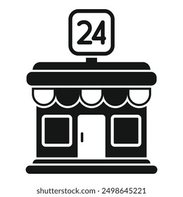 Simple icon of a shop with an awning over the entrance open 24 hours a day