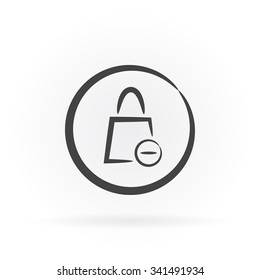 Simple icon of shopping bag with minus sign in circle with shadow.
