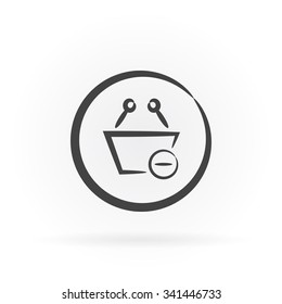 Simple icon of shopping basket with minus sign in circle with shadow.