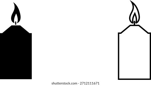 Icono simple que muestra una vela con una llama en la parte superior en dos estilos contrastantes contra un fondo blanco
