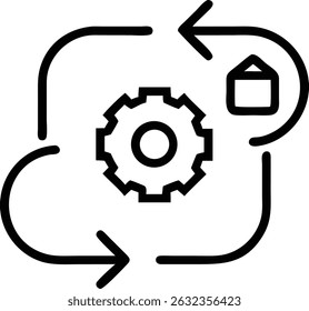 A simple icon showing a gear and a house connected by circular arrows, representing a cyclical process or automated system in a clean design.
