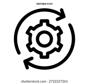 Um ícone simples que mostra engrenagens dentro de uma seta circular de reciclagem, representando processos contínuos.