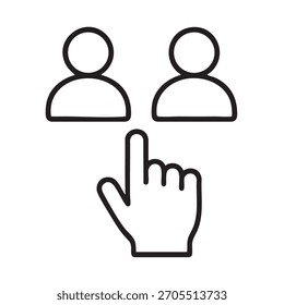 Icono simple que muestra una mano seleccionando o apuntando a dos figuras de perfil de usuario.