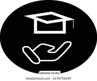 Un icono simple que muestra una mano que sostiene un gorro de graduación. Ideal para solicitudes de becas, becas educativas y programas de Asistencia académica.