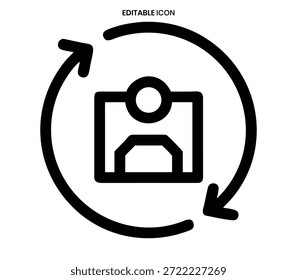Um ícone simples que mostra uma pessoa dentro de um quadrado, delimitado por uma seta circular em rotação.