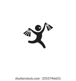 Simple icon showing a stick figure joyfully holding shopping bags, symbolizing happiness and enthusiasm. Perfect for conveying concepts of shopping, excitement, or spirited movement.