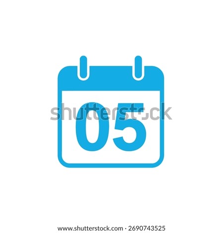 Simple icon shows blue calendar with rounded corners and number 05 inside. Visual represents the specific day with planning and organization.