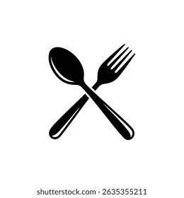 Simple icon shows crossed spoon and fork silhouettes. The image is isolated on a transparent backdrop with the utensils facing in opposite directions.