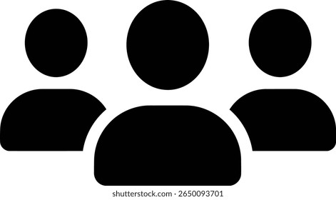 Um ícone simples mostra um grupo de três pessoas na silhueta preta sobre um fundo branco.