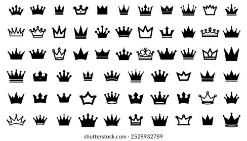 Simple icon, silhouette, and vector crown. Vector set of crown icons. Set of symbols representing the crown. Princess and King crowns. assemblage of crown silhouettes