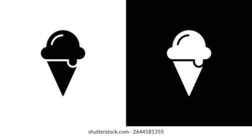 Ícone simples de uma única colher de sorvete pingando levemente em um cone, apresentado tanto em preto sobre branco e branco sobre contraste reverso preto.