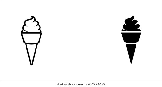 Icono simple de una sola cucharada de helado goteando ligeramente sobre un cono, presentado en blanco y negro sobre blanco y negro contrastado invertido Ilustración vectorial, eps10.