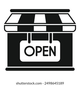 Simple icon of a small business storefront facade with striped awning and open sign hanging