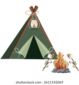 simple icon of a small, pitched tent for hiking or camping and a bright bonfire and marshmallow on a stick