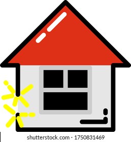 Icono simple con un pequeño edificio residencial con cableado defectuoso y chispas. El concepto de la importancia del control de la seguridad y de los seguros