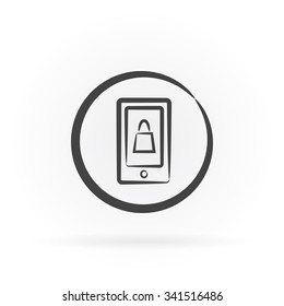 Simple icon of smartphone with bag in circle with shadow.