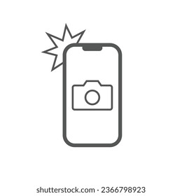 Einfaches Icon Smartphone mit Kamera und Blitz. Modernes Telefon mit Foto-Schild für Webdesign. Vektorgrafik-Element einzeln. EPS10