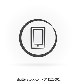 Simple icon of smartphone in circle with shadow.