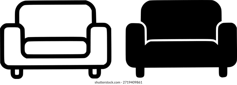 Simple icon, sofa illustration, outline and silhouette versions