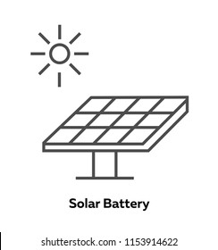 Simple icon Solar panels  in outline style on isolated background. From set is ecology and recycle with decorative colorful elements and sun. 