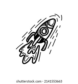 A simple icon of a spaceship, a rocket. Hand-drawn sketch in the style of a rocket flying in space. Space transport isolated vector illustration.