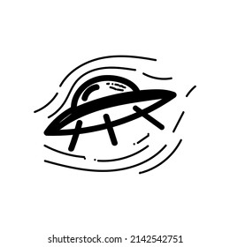 A simple icon of a spaceship, a UFO, a flying saucer. Hand-drawn sketch in the style of a flying UFO in space. Space transport isolated vector illustration.