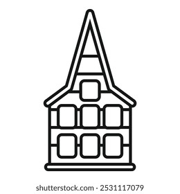 Simple icon style illustration of a building with a steep roof and square windows, isolated on a white background