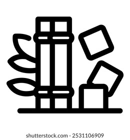 Simple icon of sugar cane being transformed into sugar cubes, representing sugar production process