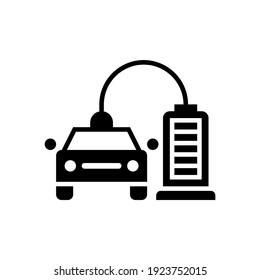 Simple icon and symbol of electric car with charge station. High quality black style vector.