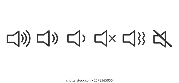 Simple icon that increases and reduces the sound. Sound icon, volume symbol, speaker sign, audio control icon set. Sound volume icons set with different signal levels on transparent background. Eps10