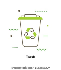 Simple icon Trash in outline style on isolated background. From set is ecology and recycle. with decorative colorful elements. 