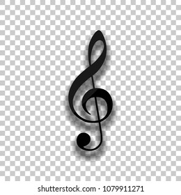 Simple icon of treble key. Black glass icon with soft shadow on transparent background