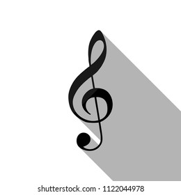 Simple icon of treble key. Black object with long shadow on white background