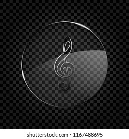 Simple icon of treble key. Icon in circle glass bubble on dark transparent grid. Glass style