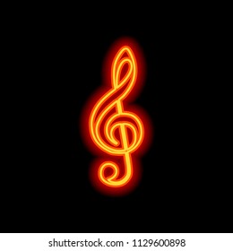Simple icon of treble key. Orange neon style on black background. Light icon
