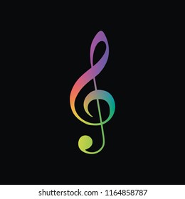 Simple icon of treble key. Rainbow color and dark background