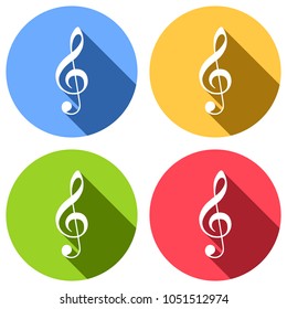 Simple icon of treble key. Set of white icons with long shadow on blue, orange, green and red colored circles. Sticker style