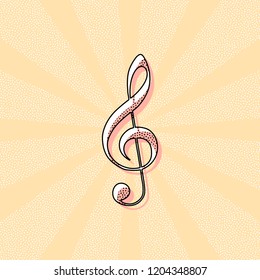 Simple icon of treble key. Vintage retro typography with offset printing effect. Dots poster with comics pop art background