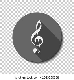 Simple icon of treble key. White flat icon with long shadow in circle on transparent background