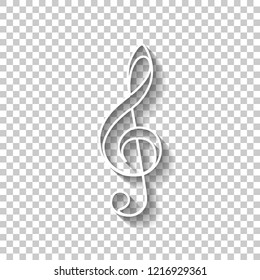 Simple icon of treble key. White outline sign with shadow on transparent background
