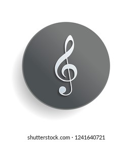 Simple icon of treble key. White paper symbol on gray round button with shadow