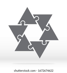 Simple icon triagles puzzle in gray. Simple icon puzzle of the six elements on gray background. Flat design. Vector illustration EPS10.