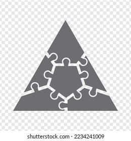Rompecabezas triangular simple en gris. Sencillo rompecabezas de iconos de los cinco elementos y centro para su diseño. EPS10.
