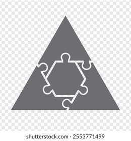 Simple icon triangle puzzle in gray. Simple icon puzzle of the three elements and hexagon center on transparent background. Vector illustration for your web site design, logo, app, UI. EPS10.