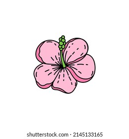 A simple icon of a tropical Hibiscus flower. A hand-drawn sketch of a bright flower in a doodle style. Tropics. Pink hibiscus. Isolated vector illustration.