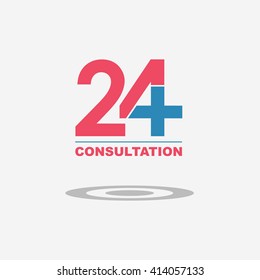 Simple icon of twenty four hours available medical consultation. Flat style icon.