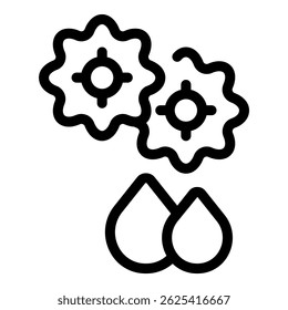 Ícone simples de duas engrenagens caindo óleo, representando lubrificação industrial e manutenção