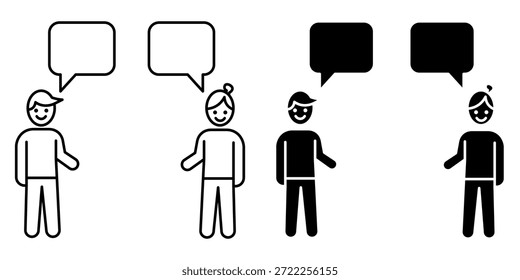 Ícone simples de duas pessoas com balões de fala. Representa comunicação, conversa, discussão, diálogo e interação social.