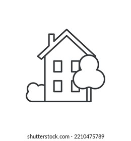 A simple icon of a two-storey house with a tree and a bush. A linear image of a house with four windows and a sloping roof. Isolated vector on a white background.